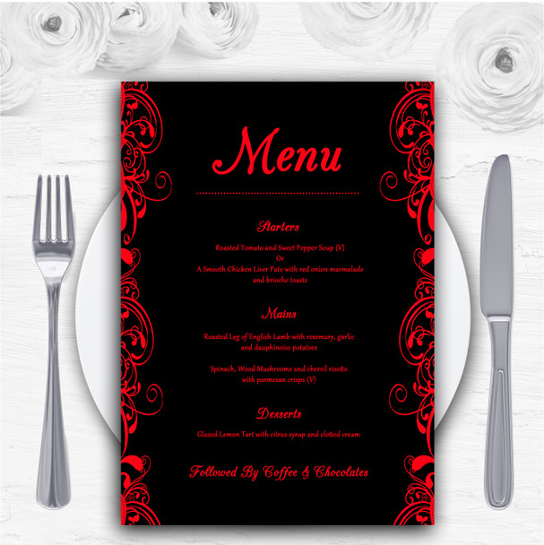 Black & Red Swirl Deco Personalised Wedding Menu Cards