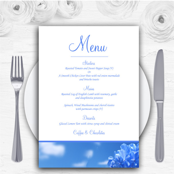 Pretty Sky Blue Flower Personalised Wedding Menu Cards