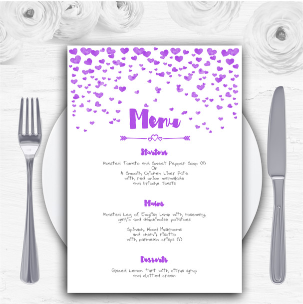 Purple Heart Confetti Personalised Wedding Menu Cards