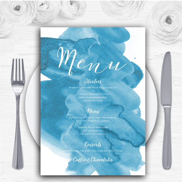 Sea Blue Watercolour Personalised Wedding Menu Cards
