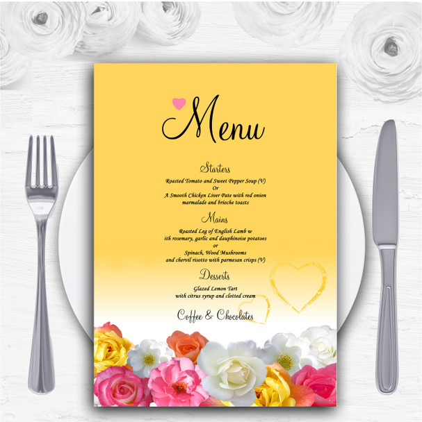 Yellow Pink Flowers Personalised Wedding Menu Cards