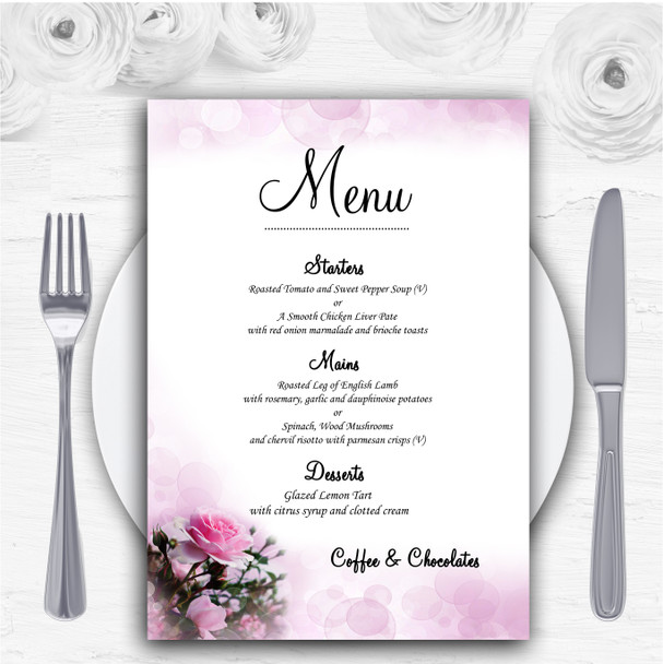 Pink Rose Bubbles Personalised Wedding Menu Cards