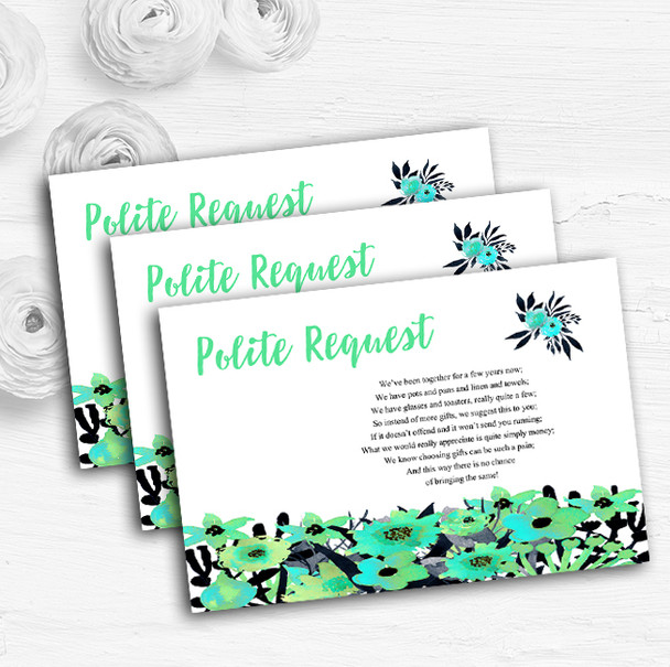 Black & Aqua Mint Green Watercolour Flowers Custom Wedding Gift Money Poem Cards