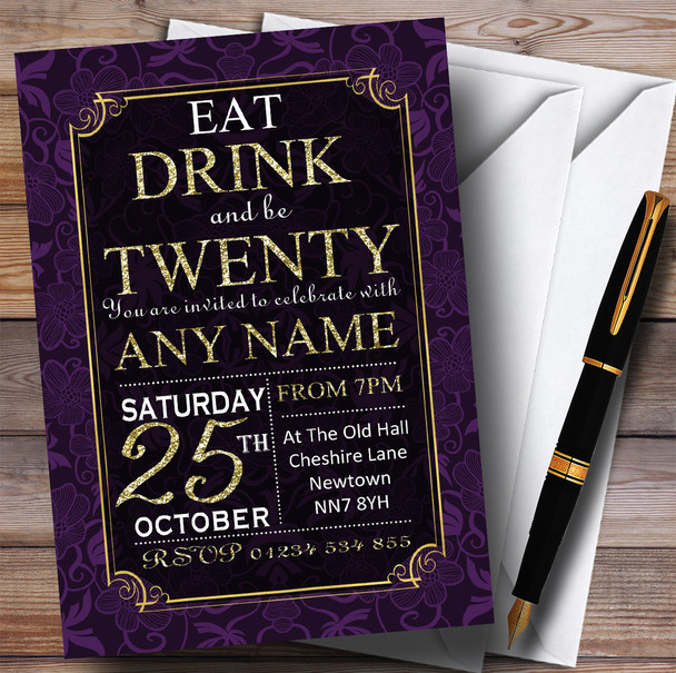 Purple & Gold Flowers 20th Customised Birthday Party Invitations