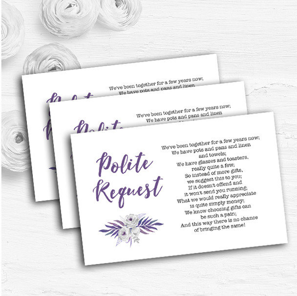 Purple & Silver Subtle Floral Personalised Wedding Gift Request Money Poem Cards