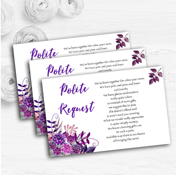 Cadbury Purple Watercolour Florals Custom Wedding Gift Request Money Poem Cards