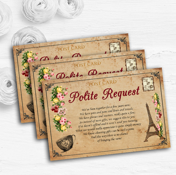 Vintage Paris Shabby Chic Postcard Custom Wedding Gift Request Money Poem Cards