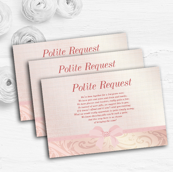 Pretty Pale Coral Pink Damask Bow Custom Wedding Gift Request Money Poem Cards