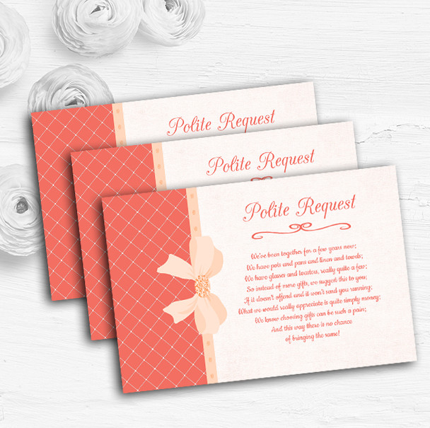 Quilted Look Coral Bow Personalised Wedding Gift Cash Request Money Poem Cards