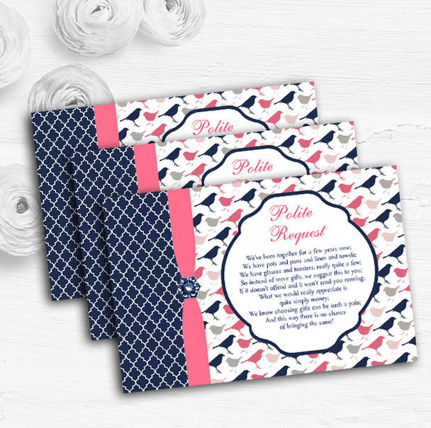 Navy Blue & Coral Pink Shabby Chic Birds Custom Wedding Gift Money Poem Cards