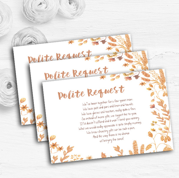 Golden Autumn Leaves Watercolour Custom Wedding Gift Request Money Poem Cards