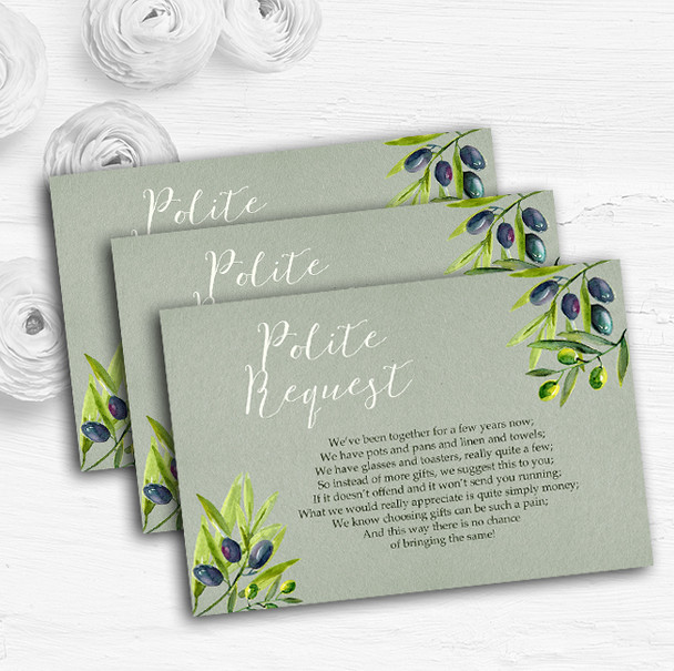 Rustic Vintage Watercolour Olive Custom Wedding Gift Request Money Poem Cards