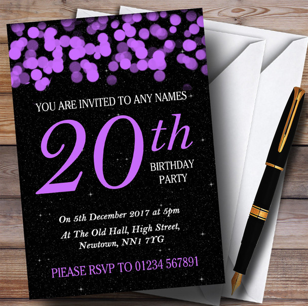 Purple Bokeh & Stars 20th Customised Birthday Party Invitations