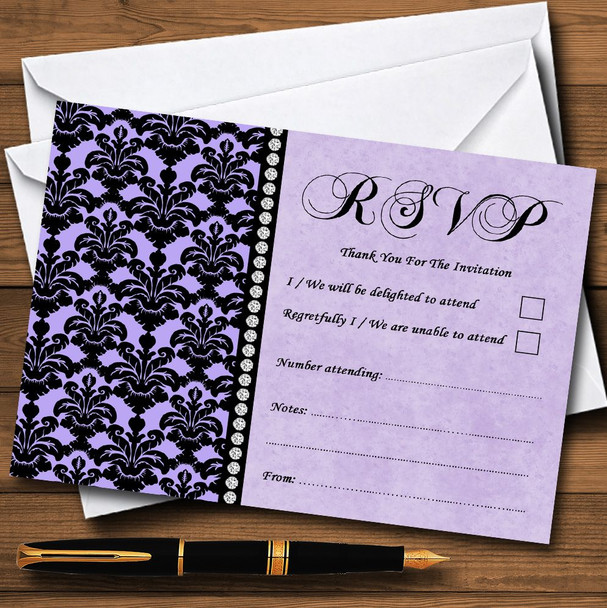 Lilac Purple Black Damask & Diamond RSVP Cards
