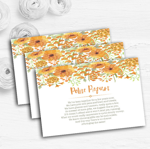 Watercolour Floral Orange Personalised Wedding Gift Request Money Poem Cards