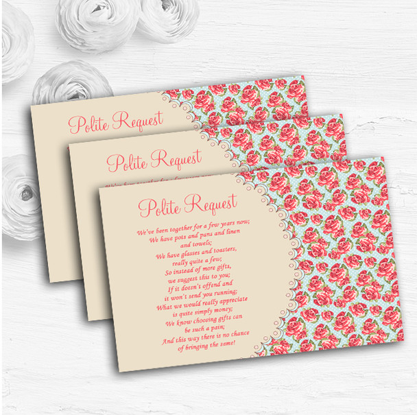 Blue And Coral Pink Floral Shabby Chic Chintz Wedding Gift Money Poem Cards