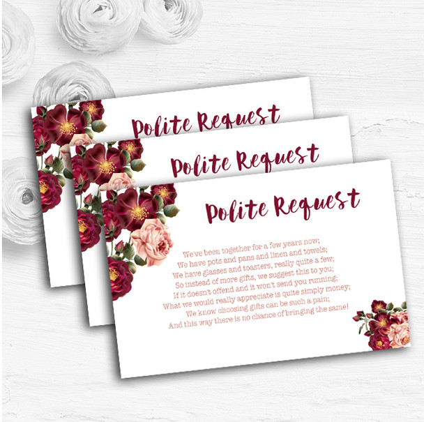 Blush Coral Pink & Deep Red Watercolour Rose Wedding Gift Money Poem Cards