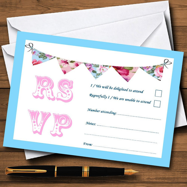 Blue Pink Vintage Bunting Shabby Chic Tea Garden RSVP Cards