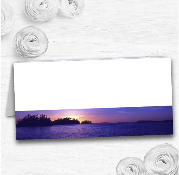 Beautiful Blue Purple Sunset Beach Wedding Table Seating Name Place Cards