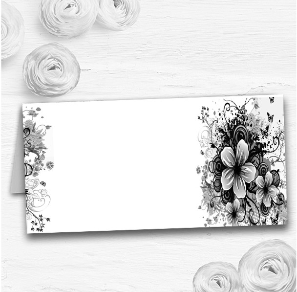 Black White Flower Butterfly Wedding Table Seating Name Place Cards