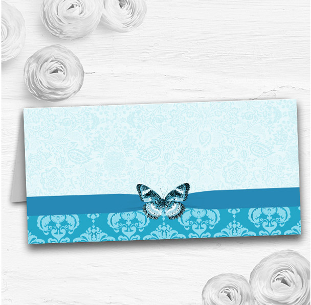 Blue Turquoise Vintage Floral Damask Butterfly Wedding Table Name Place Cards