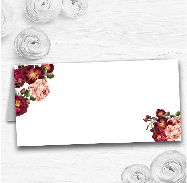 Blush Coral Pink & Deep Red Watercolour Rose Wedding Table Seating Name Place Cards