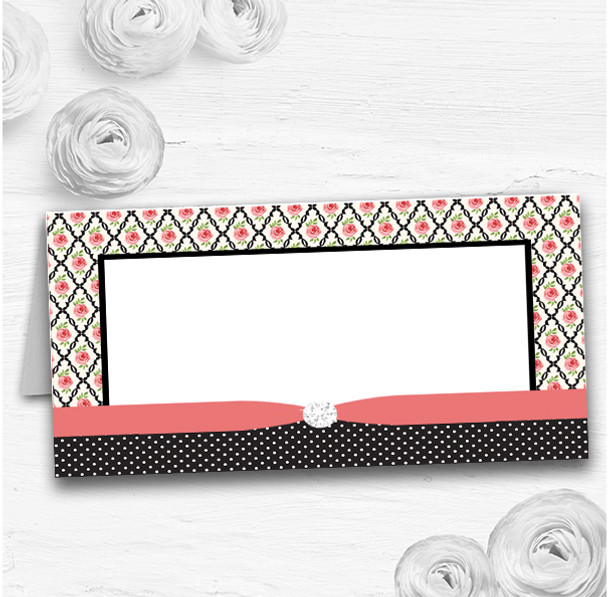 Coral Pink Rose Shabby Chic Black Polkadot Wedding Table Seating Name Place Cards