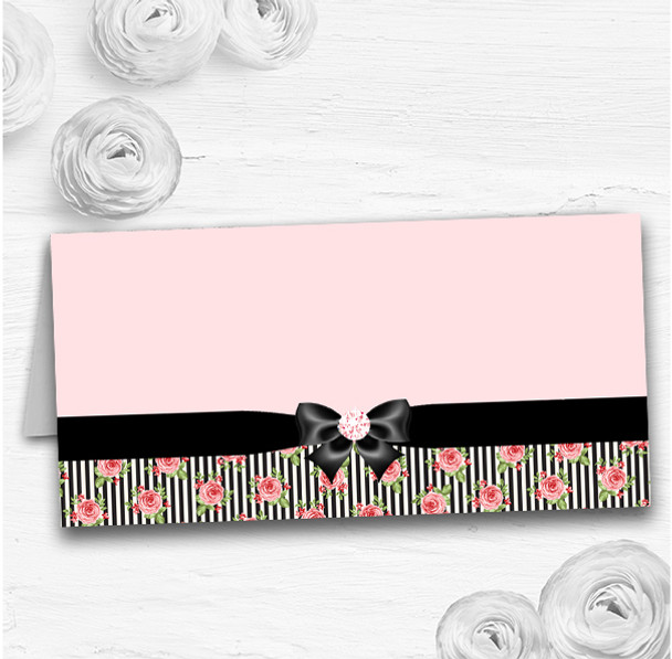 Coral Pink Rose Shabby Chic Black Stripes Wedding Table Seating Name Place Cards
