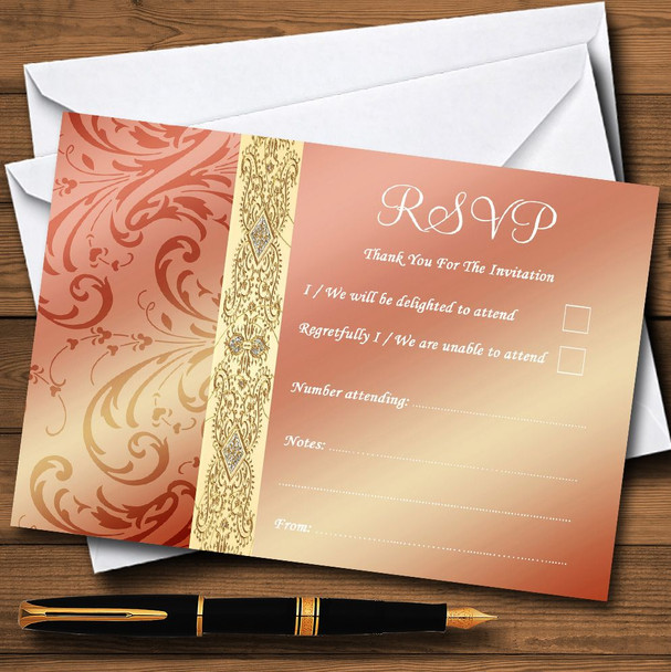 Peach Coral Damask Wedding RSVP Cards