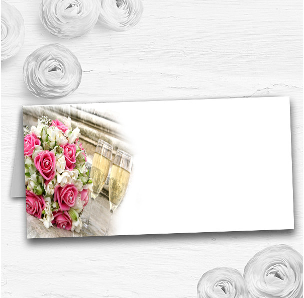 Pink Roses Pearls Champagne Wedding Table Seating Name Place Cards