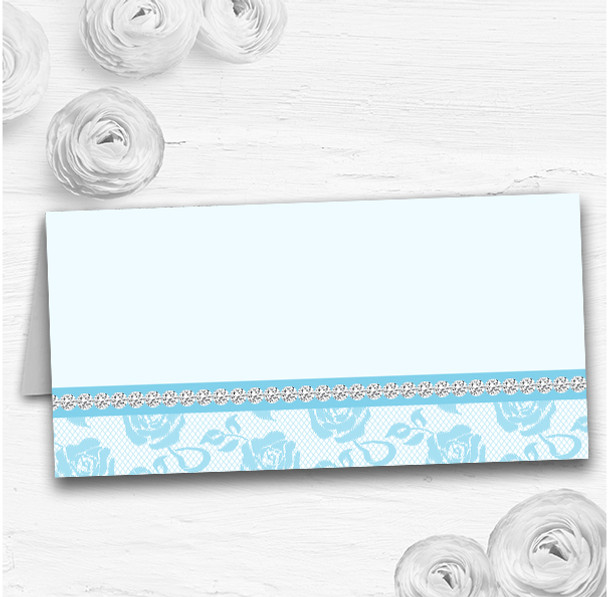 Pretty Sky Blue Floral Diamante Wedding Table Seating Name Place Cards