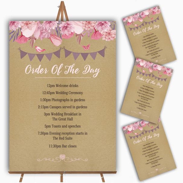 Lilac & Pink Rustic Bunting & Floral Personalised Wedding Order Of The Day Cards