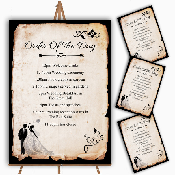 Black White Vintage Rustic Postcard Personalised Wedding Order Of The Day Cards