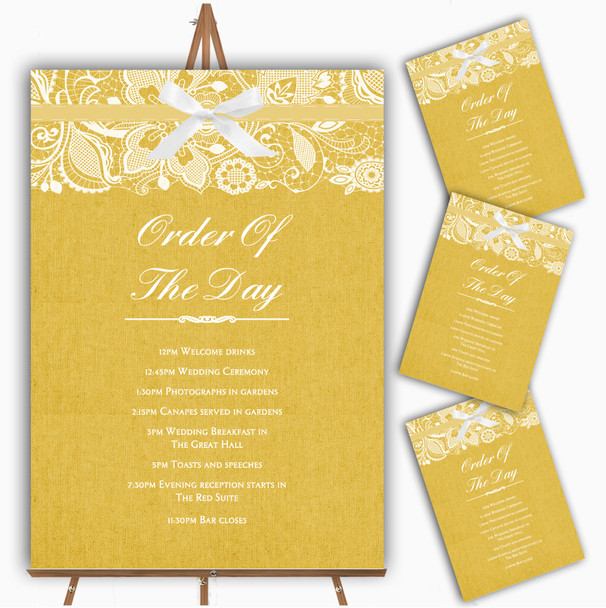 Vintage Golden Yellow Burlap & Lace Personalised Wedding Order Of The Day Cards