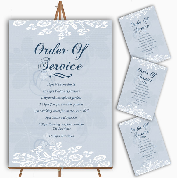 Vintage Lace Pale Blue Chic Personalised Wedding Order Of The Day Cards & Signs
