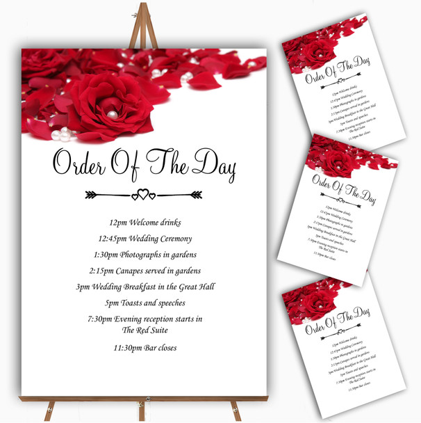 White Pearl Red Rose Petals Personalised Wedding Order Of The Day Cards & Signs