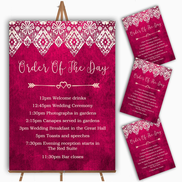 Berry Pink Old Paper & Lace Effect Personalised Wedding Order Of The Day Cards