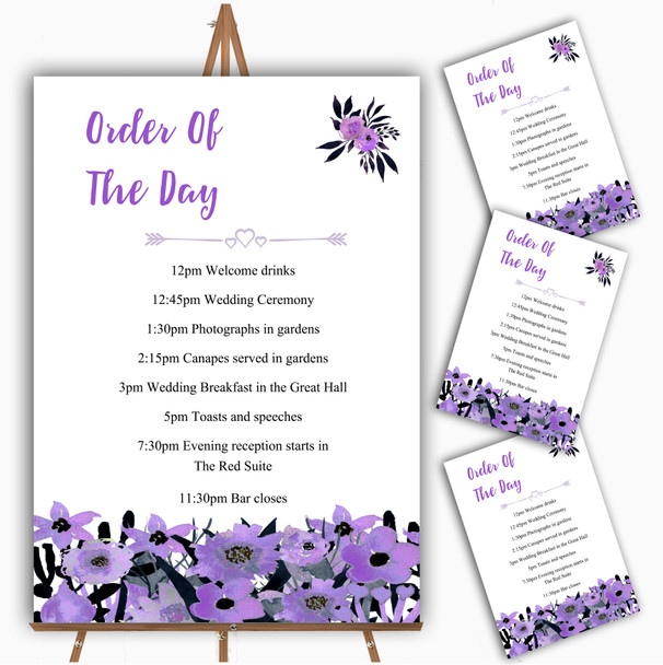 Black & Purple Watercolour Flowers Personalised Wedding Order Of The Day Cards