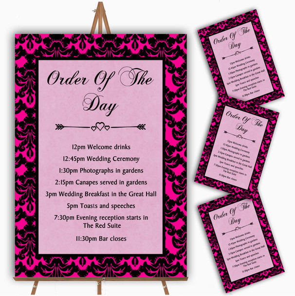 Bright Pink Black Damask & Diamond Personalised Wedding Order Of The Day Cards