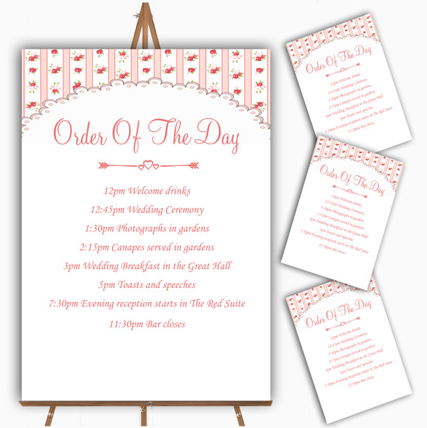 Pink Red Roses Shabby Chic Stripes Personalised Wedding Order Of The Day Cards