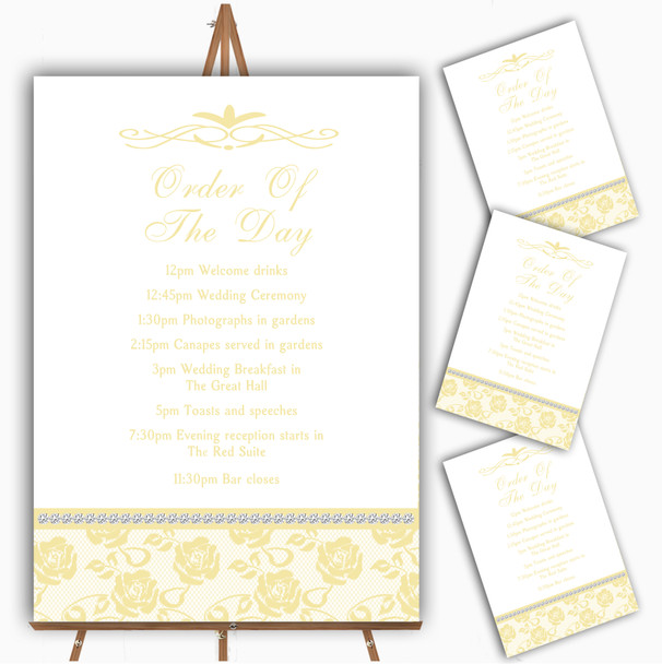 Pretty Pale Yellow Floral Diamante Personalised Wedding Order Of The Day Cards
