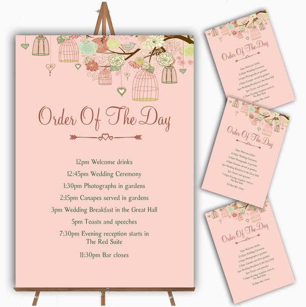 Vintage Shabby Chic Birdcage Coral Personalised Wedding Order Of The Day Cards