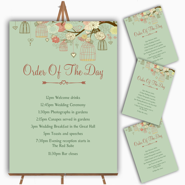 Vintage Shabby Chic Birdcage Green Personalised Wedding Order Of The Day Cards