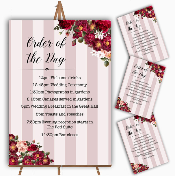 Red Rose & Stripes Vintage Personalised Wedding Order Of The Day Cards & Signs