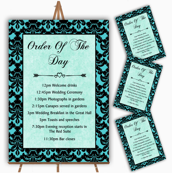 Turquoise Damask & Diamond Personalised Wedding Order Of The Day Cards & Signs