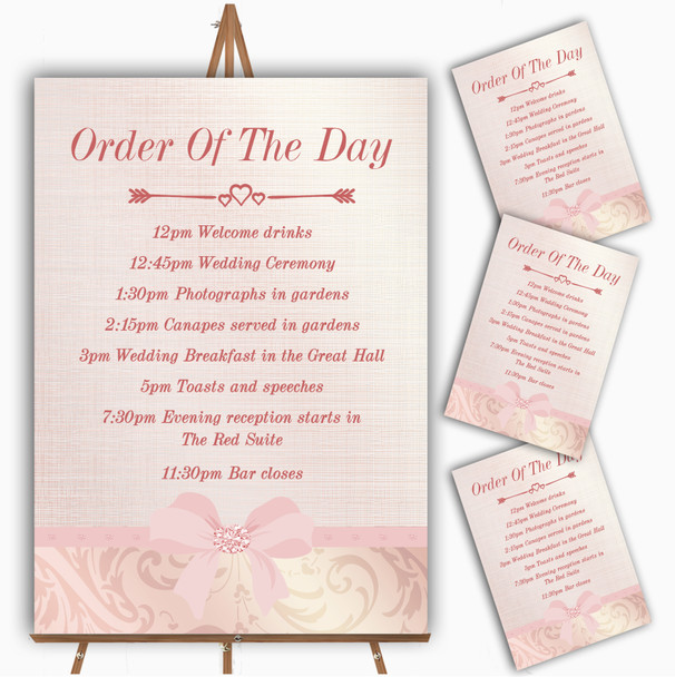 Pretty Pale Coral Pink Damask Bow Personalised Wedding Order Of The Day Cards