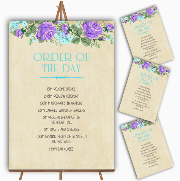 Vintage Purple & Blue Watercolour Personalised Wedding Order Of The Day Cards