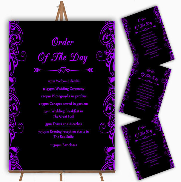 Black & Purple Swirl Deco Personalised Wedding Order Of The Day Cards & Signs