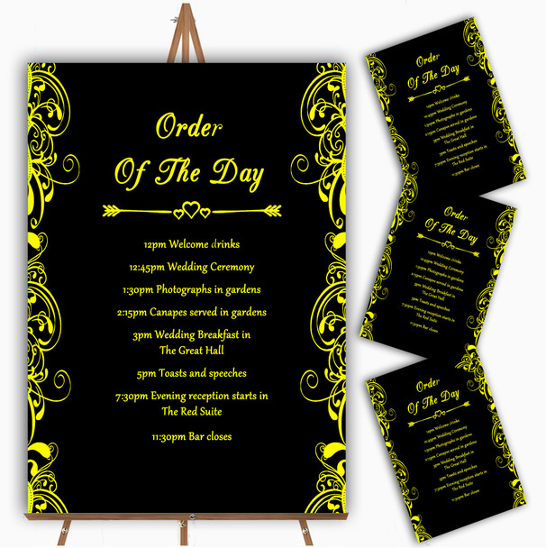 Black & Yellow Swirl Deco Personalised Wedding Order Of The Day Cards & Signs