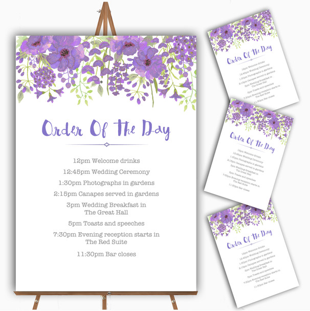 Watercolour Floral Purple Personalised Wedding Order Of The Day Cards & Signs